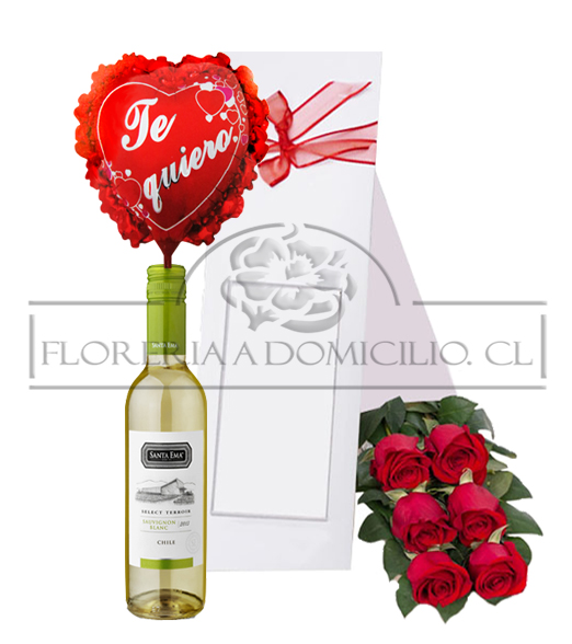 Caja 6 Rosas + Vino Blanco 750cc + Globito